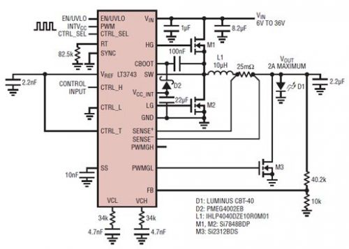 具電流受限并聯(lián)輸出的 6V 至 36V 輸入、2A LED 驅(qū)動器