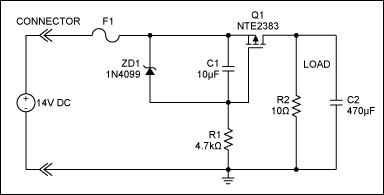 Figure 1a. A discrete "cap-zener-FET" hot-swap circuit uses the charge rate of C1 to control the turn-on of Q1. This is shown in the scope plot of Figure 1b.