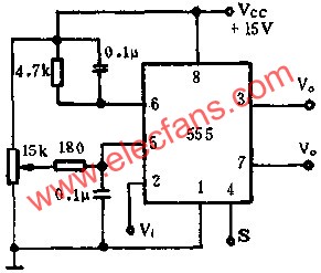 時基集成電路組成可變閾電平的施密特觸發(fā)器電路圖  wenjunhu.com