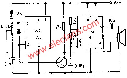 時(shí)基集成電路組成火警或警車音響電路圖  wenjunhu.com