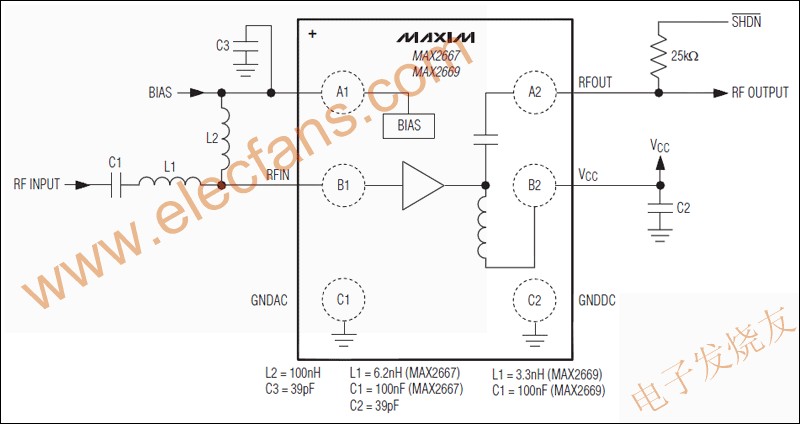 MAX2667/MAX2669高增益，低噪聲放大器(LNA)  來源： 電子發(fā)燒友