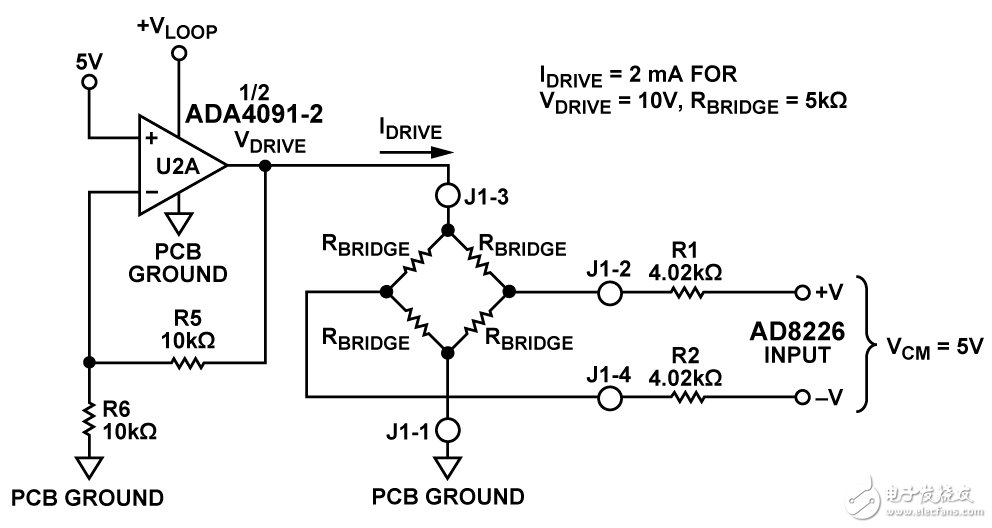 圖2. 傳感器電壓驅(qū)動配置（RBRIDGE=5kΩ、VDRIVE=10V