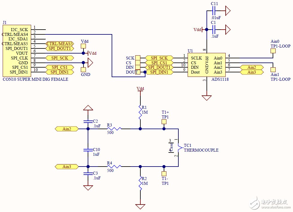 簡單的熱電偶測量解決方案電路圖（精度小于1℃） 