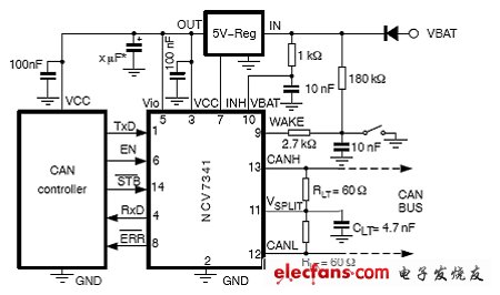 圖2：采用NCV7341的5V CAN控制器應(yīng)用電路圖。（電子系統(tǒng)設(shè)計(jì)）