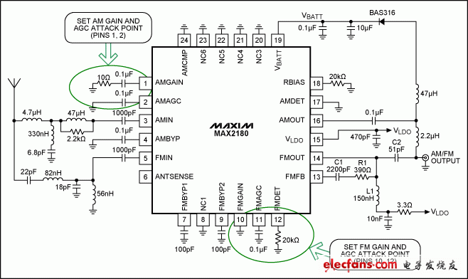 圖2. 采用MAX2180的單天線解決方案應(yīng)用原理圖。