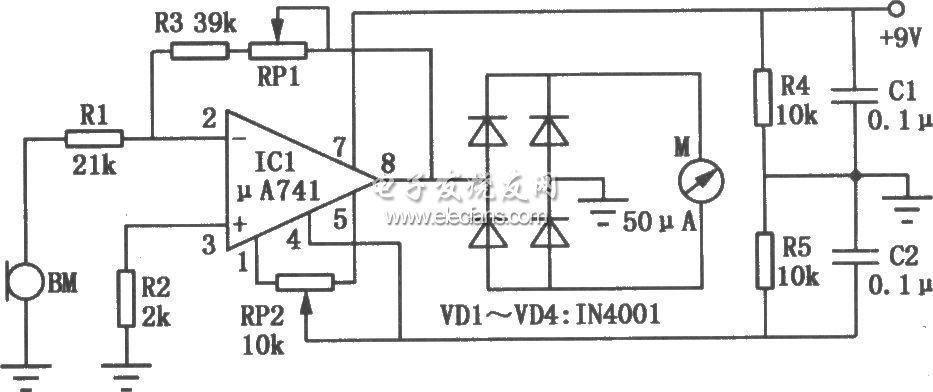 基于μA741的環(huán)境噪聲監(jiān)測儀電路圖