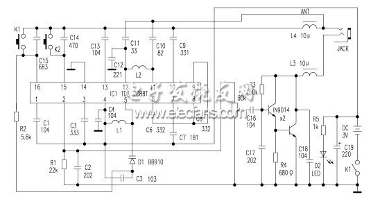 袖珍FM電調(diào)諧收音機(jī)電路圖