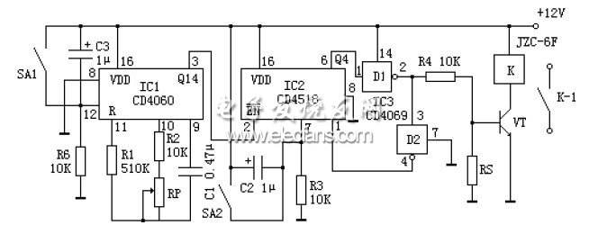 CD4060構(gòu)成的精確長(zhǎng)延時(shí)原理電路