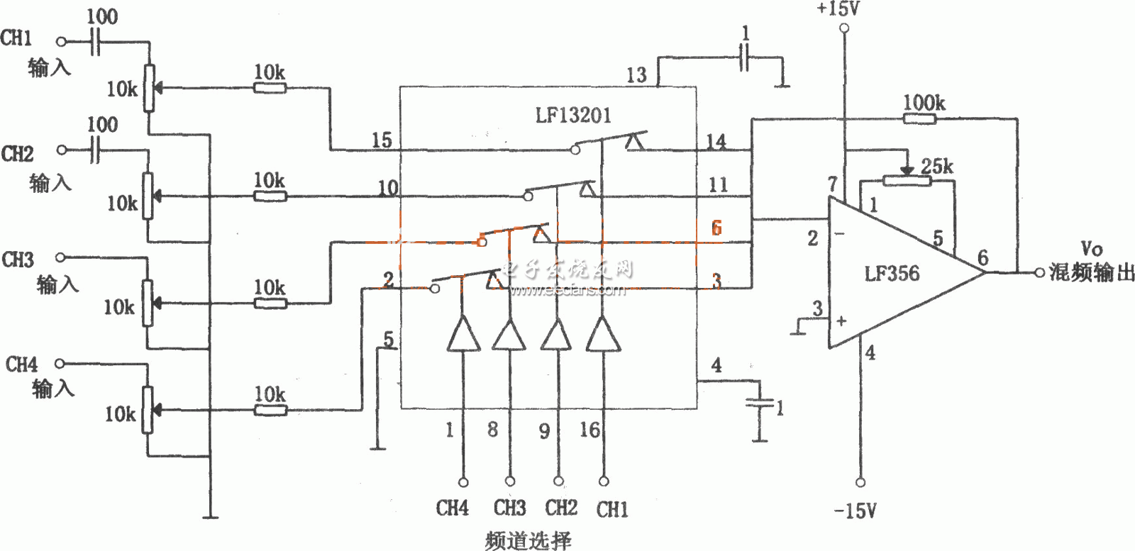 　　如圖所示為四通道電子開關(guān)音頻混頻器電路