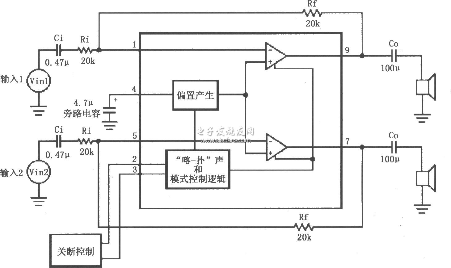 LM4912構(gòu)成的雙聲道放大電路圖