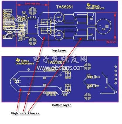 TAS5261 參考設(shè)計(jì) PCB 的高電流信號(hào)線范例