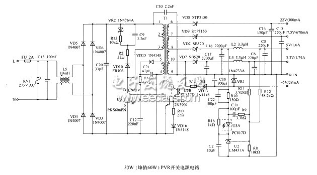 33W的PVR開關(guān)電源電路