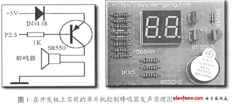 在開發(fā)板上實現(xiàn)的單片機(jī)控制蜂鳴器發(fā)聲原理圖