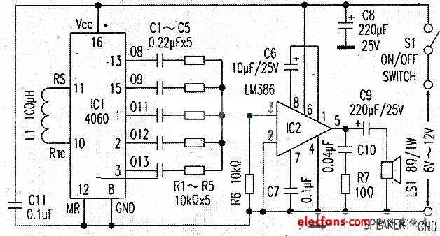 CD4060多音調(diào)電子汽笛電路