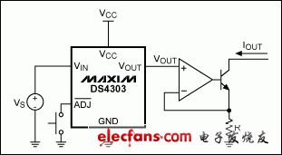 圖2. 利用DS4303和幾個便宜元件構(gòu)成高精度電流源，可吸入電流