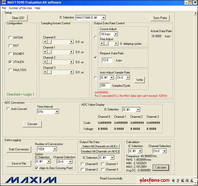 圖4. MAX11040EVKIT GUI允許用戶方便地設(shè)置各種測(cè)量條件：12.8ksps、256采樣點(diǎn)/周期和1024次轉(zhuǎn)換。此外，GUI的計(jì)算部分提供了一個(gè)進(jìn)行快速工程運(yùn)算的便捷工具。