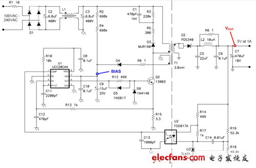 這種5V/5W反向通過(guò)限制峰值變壓器電流實(shí)現(xiàn)功率限制