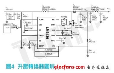 LM3430所執(zhí)行的升壓轉(zhuǎn)換器圖解，以下是選擇主要元件細(xì)節(jié)的說明