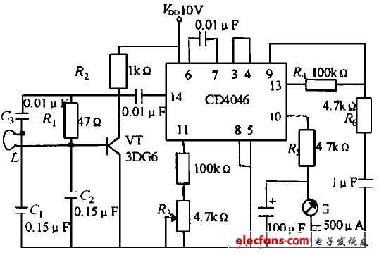 CD4046構(gòu)成的金屬探測儀電路