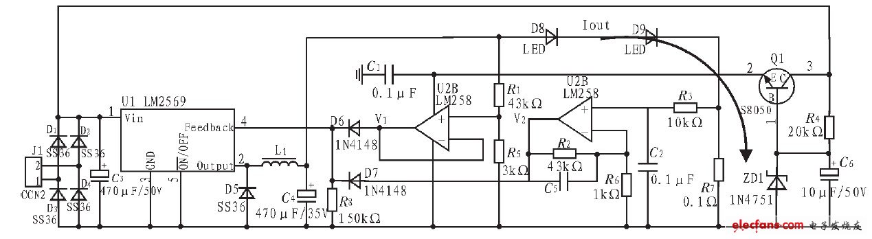 圖4 基于LM2596-ADJ 的LED 開(kāi)關(guān)恒流穩(wěn)壓電源