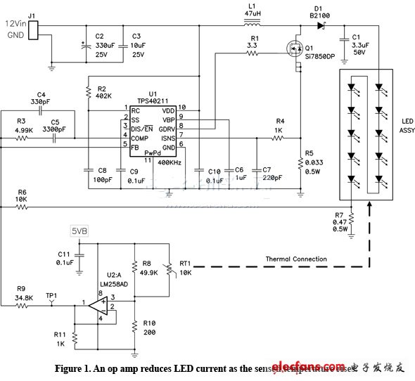 檢測(cè)溫度上升時(shí)運(yùn)算放大器降低LED電流