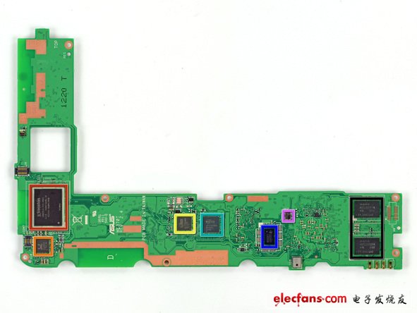 主板的另外一面也同樣布滿了芯片，都有：Kingston KE44B-26BN/8GB 8GB 閃存；RMC ALCS642；ELAN eKTF36248WS；ELAN eKTH10368WS；Texas Instruments 22C96ST；TI20 MI60；Hynix HTC2G83CFR DDR3 RAM