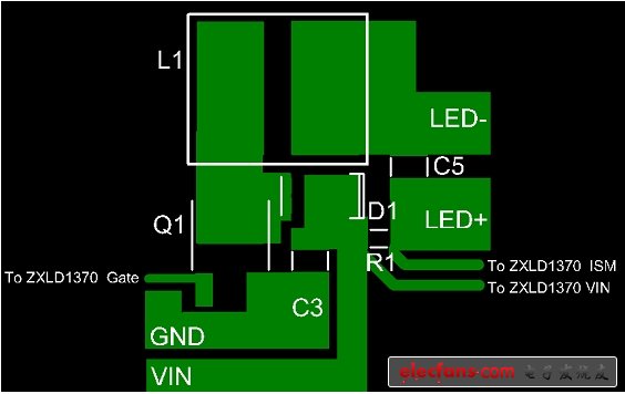 圖3:ZXLD1370降壓LED驅(qū)動器的PCB布局示例