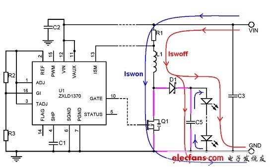 圖5:ZXLD1370升壓LED驅(qū)動器的開關(guān)電流路徑。