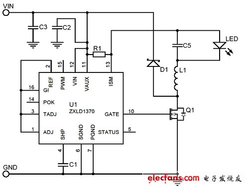 圖1:ZXLD1370降壓LED驅(qū)動器的原理圖。