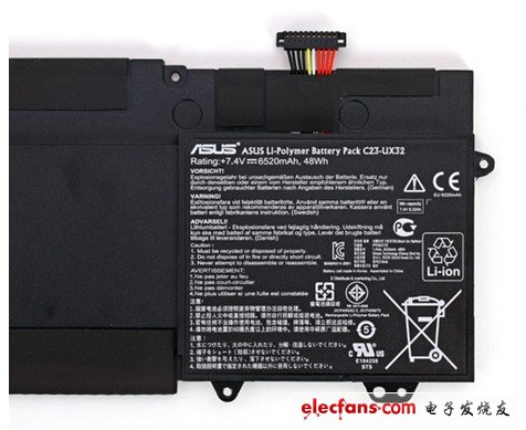 UX32VD的電池是7.4V，6520毫安，中280.5克，相當(dāng)于該本子重量的20%