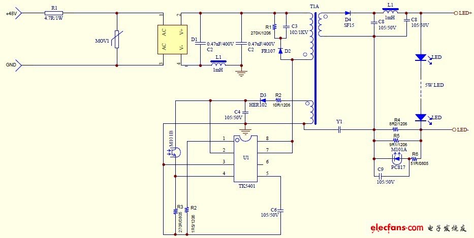 5W LED驅(qū)動(dòng)電源電路圖