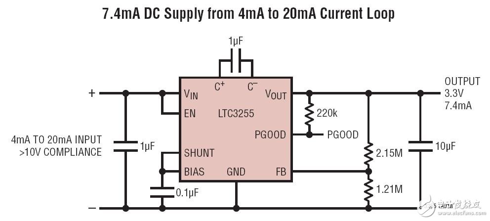 由 4mA至 20mA電流環(huán)路提供的 7.4mA DC電源電路圖