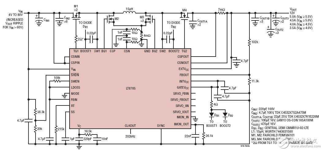 12V Output Converter Accepts 4V to 80V Input (5.5V Minimum to Start)12V輸出轉(zhuǎn)換器可接受4V至80V輸入電路圖(5.5V最小起動電壓)