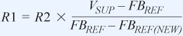 電阻分壓器的必需值可以使用公式1計(jì)算，其中 VSUP是輔助調(diào)節(jié)電壓， FBREF（NEW）是RSENSE兩端的目標(biāo)電壓。