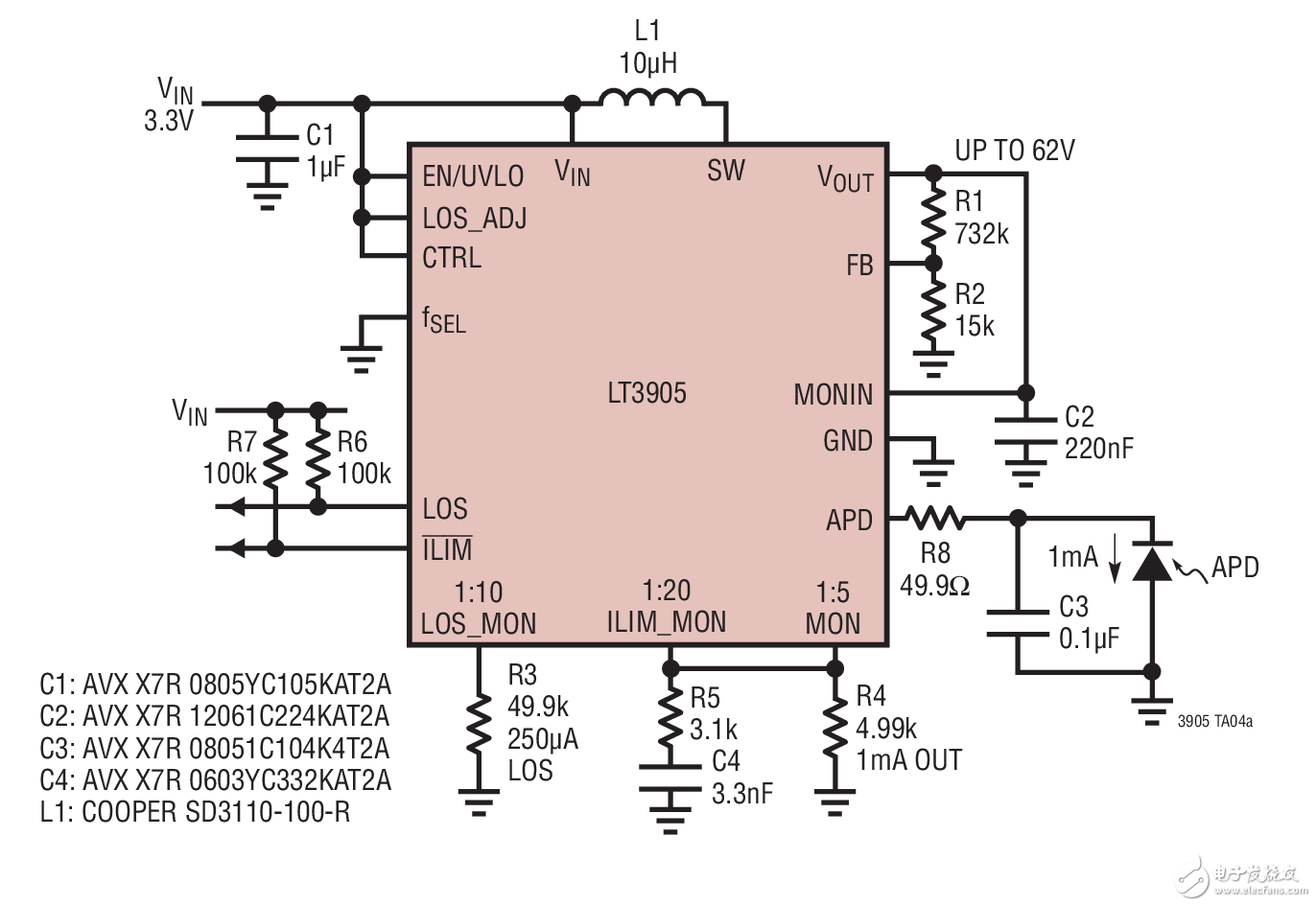 Wide Output Range Constant Current APD Driver寬輸出電壓恒定電流APD驅動器電路圖