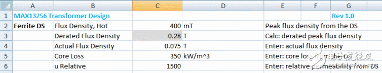 Figure 10. Ferrite data sheet section of the MAX13256 transformer design spreadsheet.