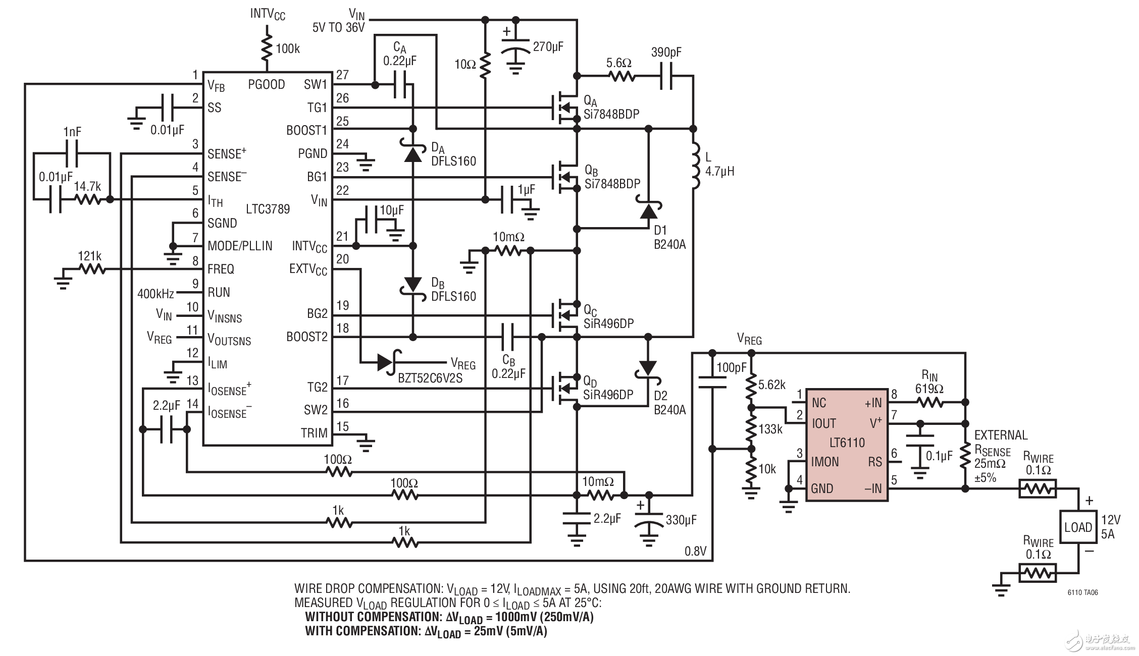 采用外部RSENSE和LTC3789降壓-升壓型穩(wěn)壓器的LT6110(在12V)LT6110 with External RSENSE and LTC3789 Buck-Boost Regulator at 12V