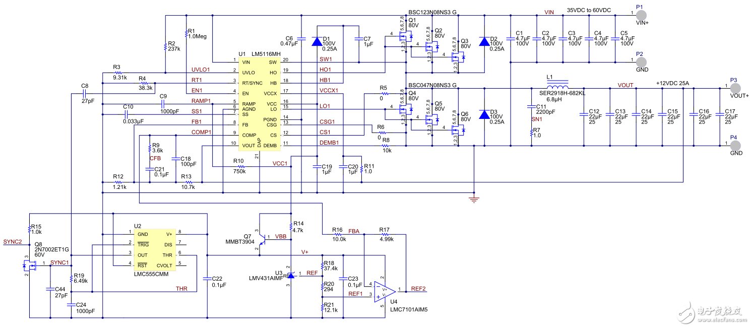 35V-60V輸入、12V/600W雙相降壓轉(zhuǎn)換器電路圖