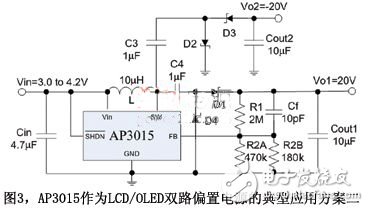 圖3AP3015作為LCD/OLED雙路偏置電源的典型應(yīng)用方案二