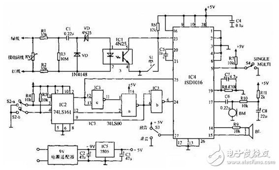 采用ISD1016制作的語音留言控制器電路設計圖