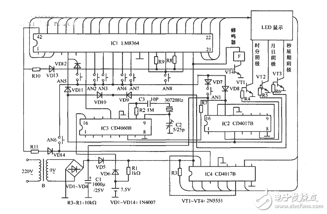 cd4017驅(qū)動數(shù)碼管電路（LM8364/多通道電子開關(guān)/電容測量電路）