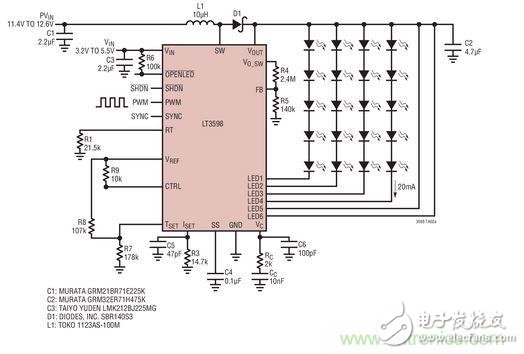 汽車電池供電的驅(qū)動器用于20個 LED