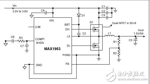 使用max1953 1MHz的PWM降壓控制器設(shè)計的圖形芯片及相關(guān)電路的電源