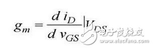 在轉(zhuǎn)移特性曲線上，gm 是曲線在某點(diǎn)上的斜率，也可由iD的表達(dá)式求導(dǎo)得出，單位為 S 或 mS。