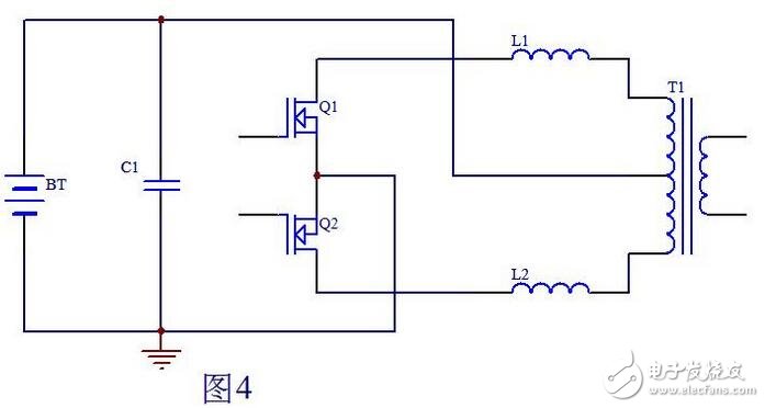 當(dāng)Q1柵極信號由高電平變?yōu)榈碗娖綍r，此時Q2也還截止，即死區(qū)處Q1，Q2都不導(dǎo)通，T1初級上半部分由于和次級耦合的原因，能量僅在Q1導(dǎo)通時向次級傳遞能量，到Q1截止時T1初級上半部分上端的電位已恢復(fù)到電池電壓，而L1可以看做是是一個獨(dú)立的電感，它儲存的能量耦合不到變壓器T1的次級。