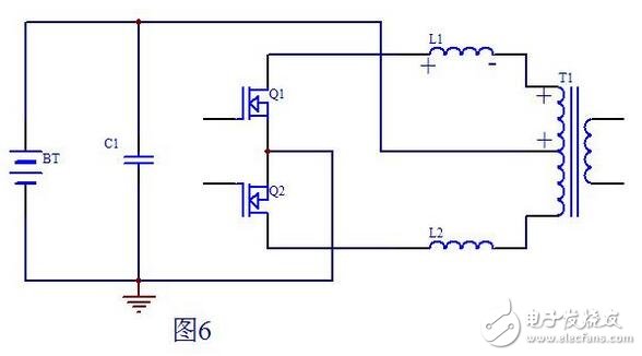 當(dāng)Q1柵極信號由高電平變?yōu)榈碗娖綍r，此時Q2也還截止，即死區(qū)處Q1，Q2都不導(dǎo)通，T1初級上半部分由于和次級耦合的原因，能量僅在Q1導(dǎo)通時向次級傳遞能量，到Q1截止時T1初級上半部分上端的電位已恢復(fù)到電池電壓，而L1可以看做是是一個獨(dú)立的電感，它儲存的能量耦合不到變壓器T1的次級。