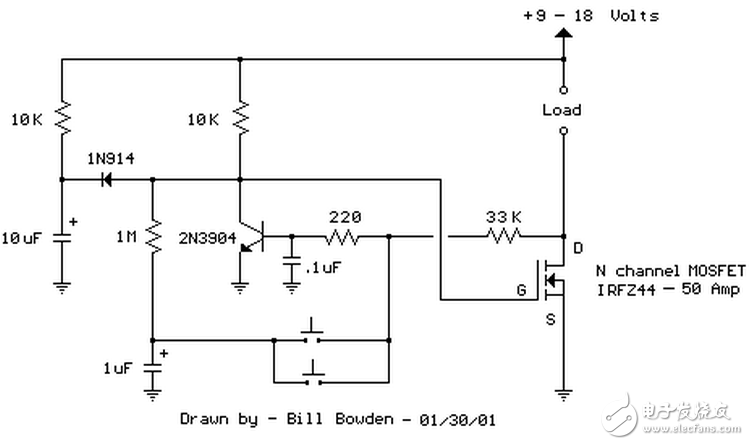 當(dāng)開關(guān)按下時(shí)，1uF電容被連接到220歐姆和33K電阻連接點(diǎn)，NPN晶體管截止，場效應(yīng)管導(dǎo)通開啟負(fù)載。釋放按鈕后，1uF電容通過1M電阻充電。第二次按下開關(guān)，1uF電容充電后的電壓被加載到NPN晶體管基極，晶體管導(dǎo)通，場效應(yīng)管關(guān)閉，負(fù)載斷電。