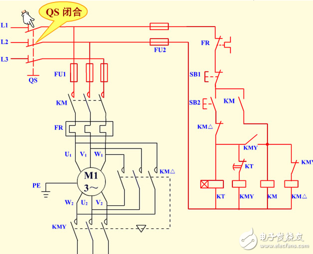 時間繼電器自動控制三角形降壓起動控制電路原理圖及星型控制電路