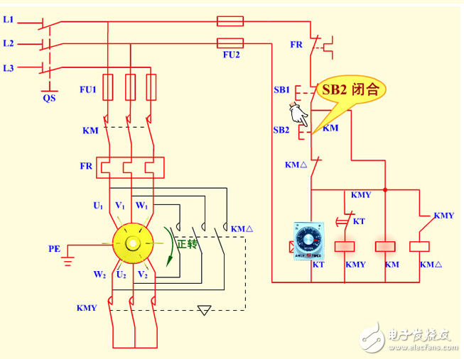 時間繼電器自動控制三角形降壓起動控制電路原理圖及星型控制電路