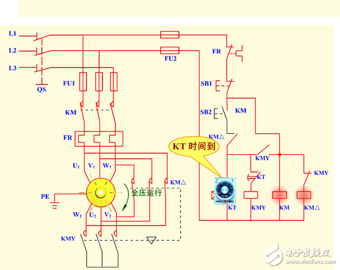 時間繼電器自動控制三角形降壓起動控制電路原理圖及星型控制電路